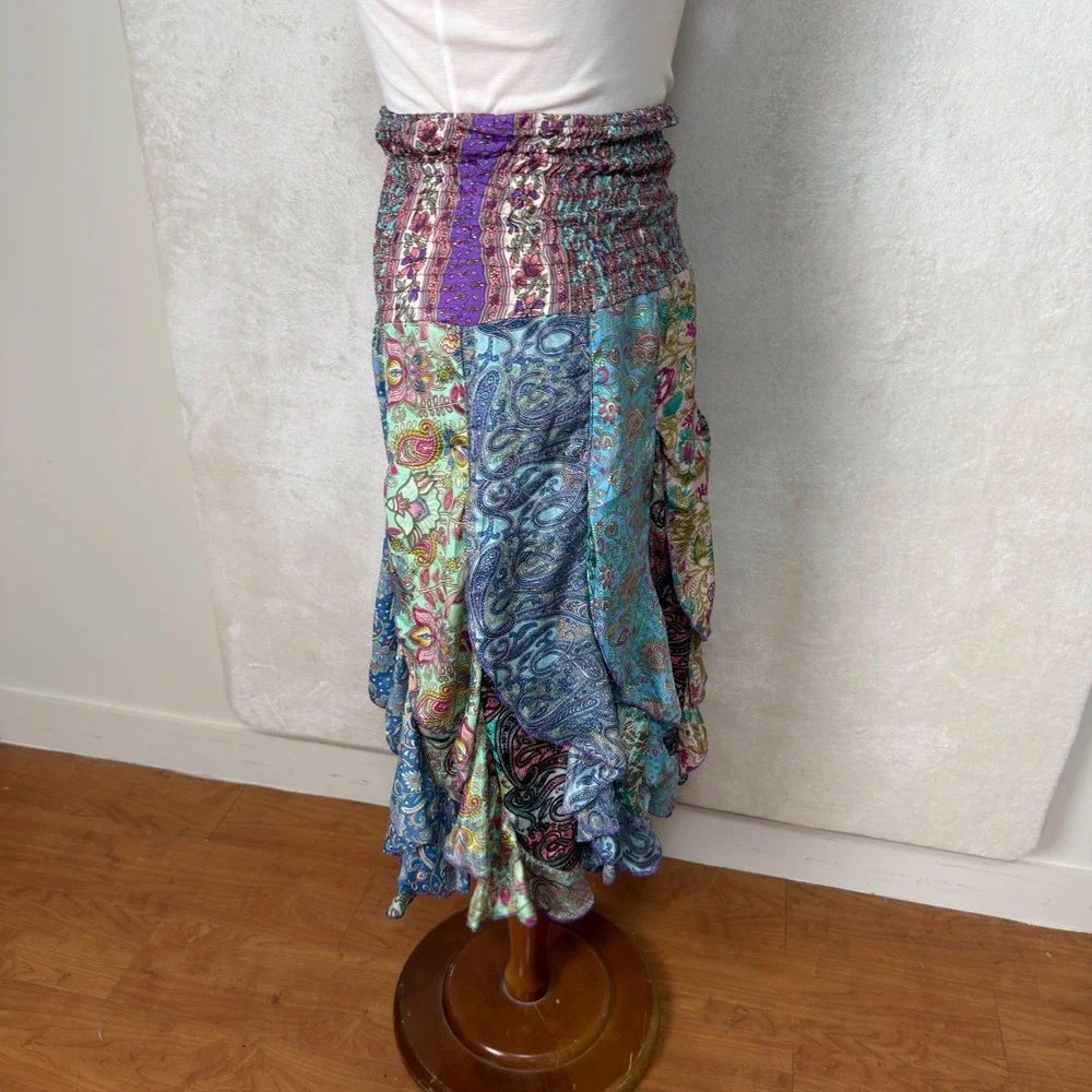 Boho Paisley Patchwork Smocked Convertible Maxi Skirt Tube Dress Blue